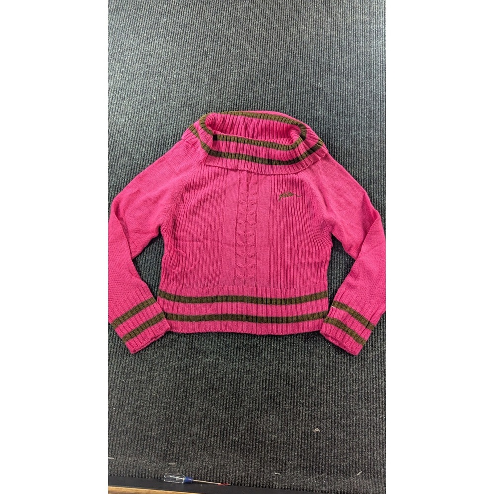 Vintage FUBU Pink Striped Cowl Neck Cable Knit Sweater Y2K Womens XL